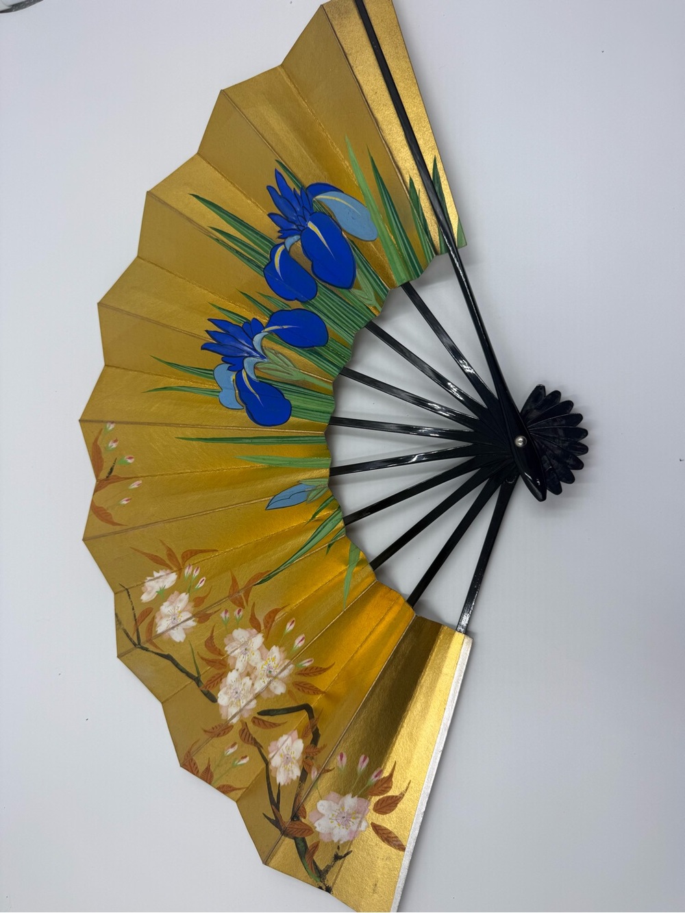 Vintage Japanese Mai-Ogi Dance Fan Kyoto Gold Iris Silver Cherry Blossom in Box⁠